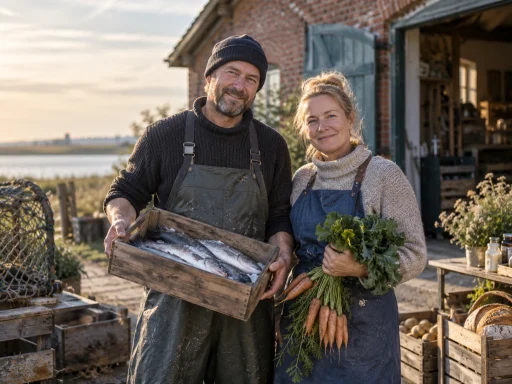 Regionaler Produzent und Partner mit frischen Lebensmitteln vor norddeutscher Hofkulisse.
