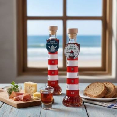 Zwei Flaschen likör, Käse, Brot und Schinken vor einem Fenster mit Meeresblick.