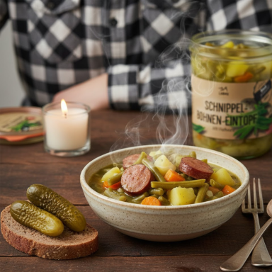 Klassiker im Weckglas Schüssel mit Eintopf, Brot, Essiggurken und einer Kerze auf einem Holztisch.