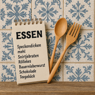 Notizblock mit der Aufschrift "ESSEN" und Holzbesteck vor blauen Fliesen.