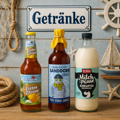 Drei Getränkeflaschen auf einem Tisch mit maritimen Dekorationen.