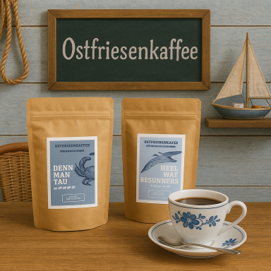 Zwei Kaffeeverpackungen, eine Tasse Kaffee und ein Segelboot auf einem Tisch.