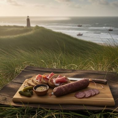 Eine Holzplatte mit Wurst, Käse und Chutney vor einer Küstenlandschaft mit Leuchtturm.