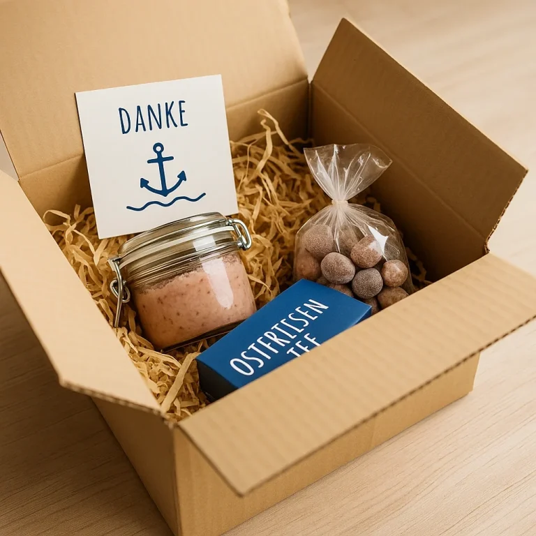 Verpackung & Bezahlung In einer Box sind ein Glas mit Salz, Süßigkeiten und eine Karte mit "Danke" enthalten.