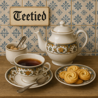 Teekanne, Tasse mit Tee, Untertasse, Keks und Zuckergefäß auf einem Holztisch.