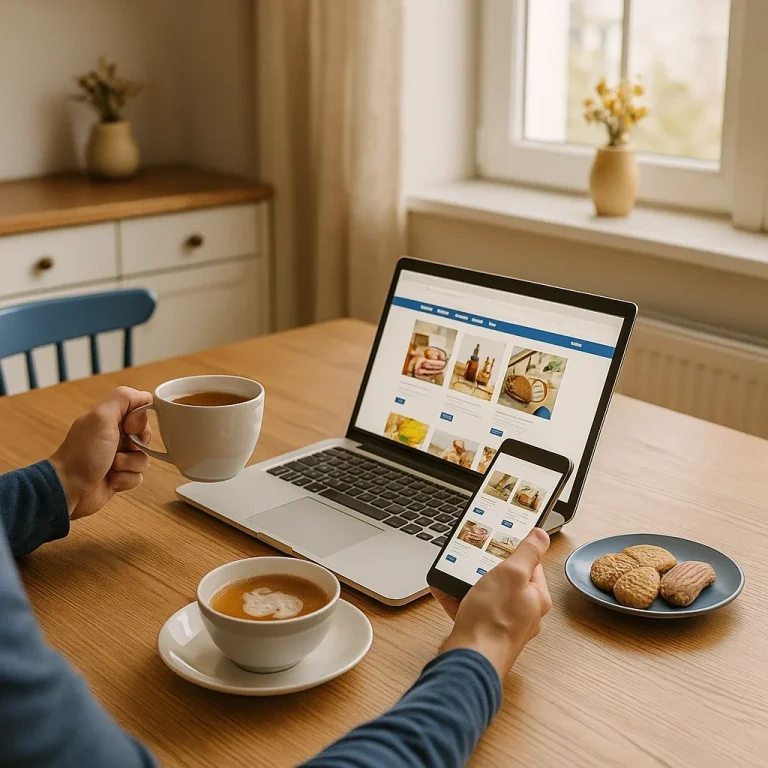 Bestellung & Frische Person sitzt am Tisch mit Laptop und Smartphone, trinkt Kaffee und hat Kekse.