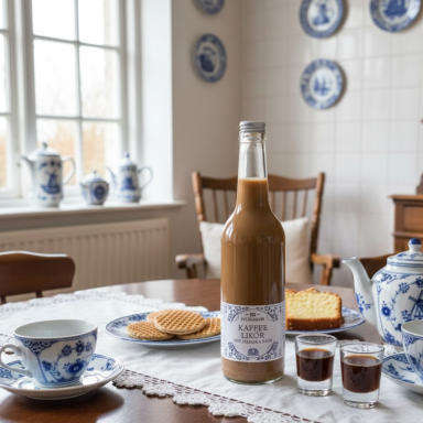 Braun gefärbter Getränkebehälter, Tassen, Kekse und Kuchen auf einem Tisch mit blauer Keramikkunst.