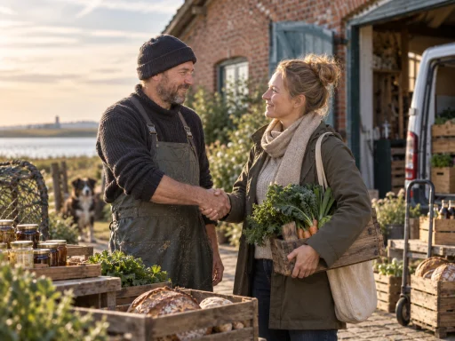 Handschlag zwischen regionalem Produzenten und Partner vor einem Hof an der Küste.