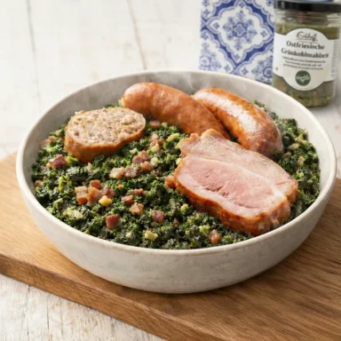 Schüssel mit Grünkohl, Wurst, Schinken und Brot auf einem Holzteller.