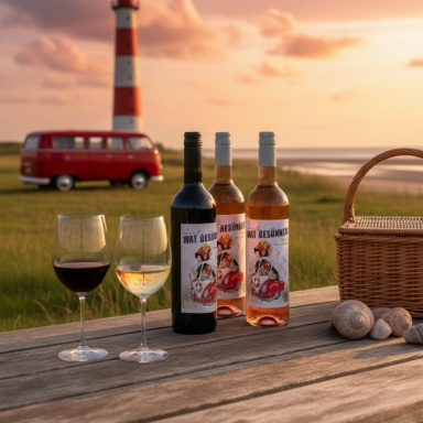 Weinflaschen und Gläser auf einem Tisch, im Hintergrund ein Leuchtturm und ein roter VW-Bus.