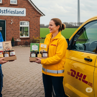 Ein Zusteller übergibt eine Pakete an eine Frau vor einem Haus.