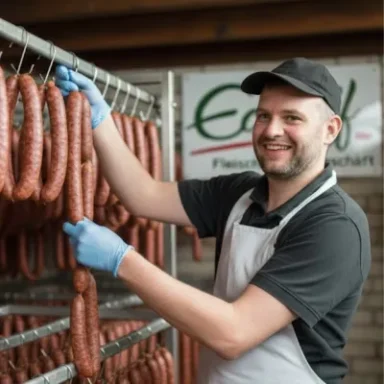 Ein Metzger hängt Würste in einem Verkaufsraum auf.