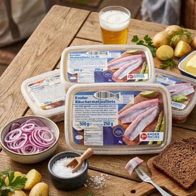 Aus dem Meer Auf einem Tisch liegen Verpackungen mit Aufschnitt, Zwiebeln, Kartoffeln und einem Bier.