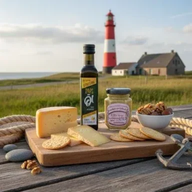 Tisch mit Käse, Senf, Nüssen und Öl vor einem Leuchtturm und Wiesenlandschaft.