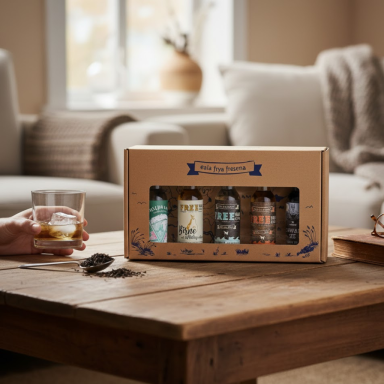 Geschenkbox mit verschiedenen Getränken auf einem Holztisch, elegant präsentiert.